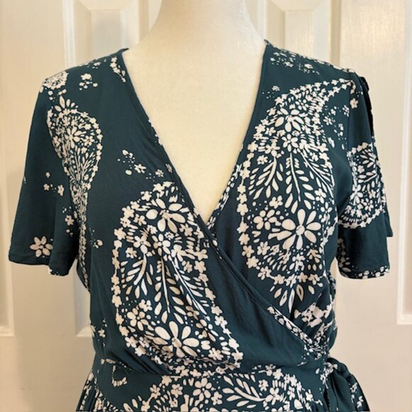 Patrons of Peace Teal Paisley Faux Wrap Maxi Dress w/Split Flutter Sleeves Sz L - Picture 3 of 13